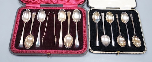Two cased sets of six silver tea or coffee spoons including late Victorian with sugar tongs.